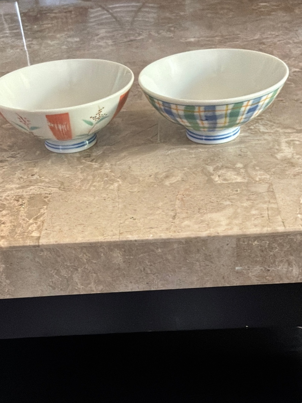 Vintage Japanese Ceramic Rice Bowls — Coral Brush & Blue Plaid Set